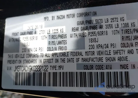 2019 Mazda Cx-9 Touring z USA, uszkodzony, nr VIN JM3TCACY9K0332122